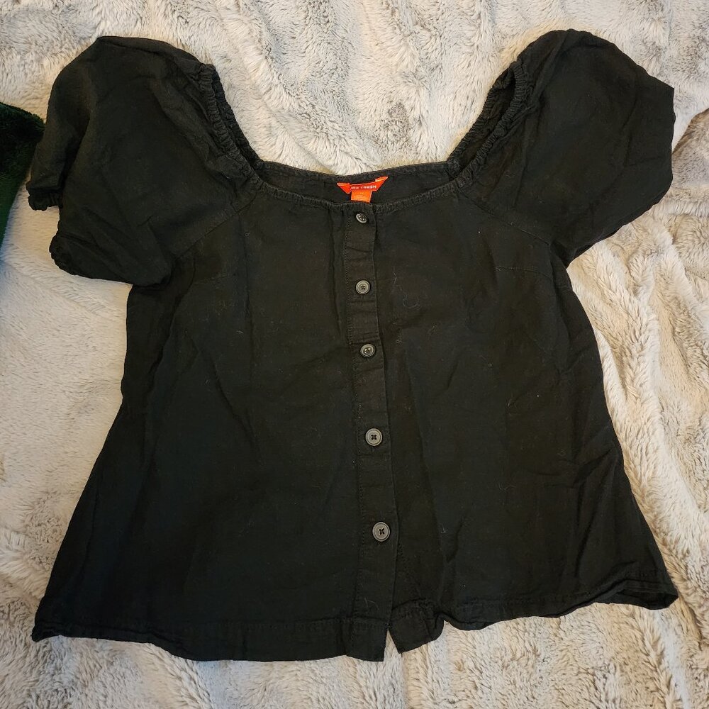 Linen/Cotton Blend Black Puff Sleeve Button down Crop Top - Joe Fresh Size 10